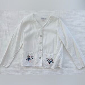 Hot Cotton 100% linen white button down top Floral Embroidery size small